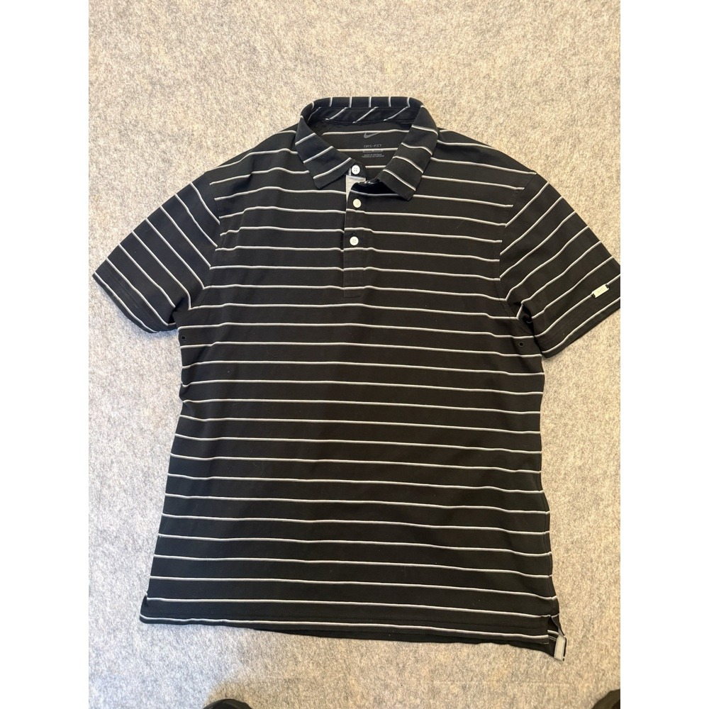 Nike Dri-FIT Mens Large Golf Polo Shirt Black Gray Striped Performance L